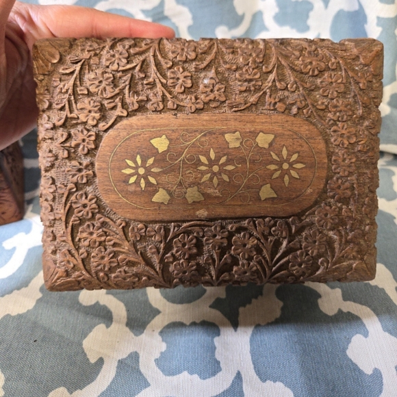 Vintage intricate hand carved inlayed nesting wood boxes - Picture 2 of 12